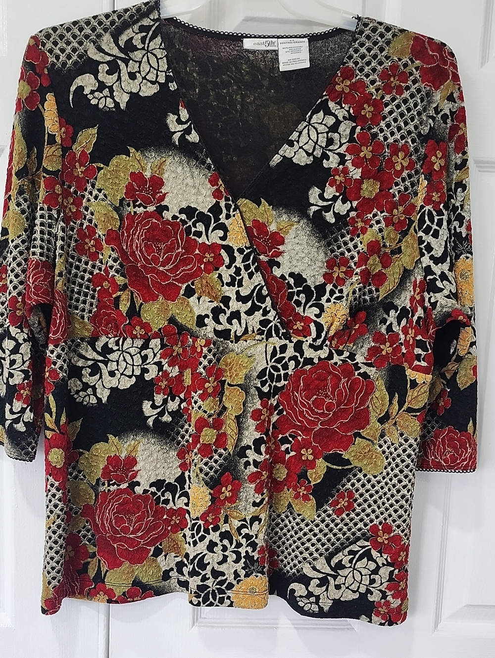 East 5th Black Red Gold Floral Wrap-Style Top